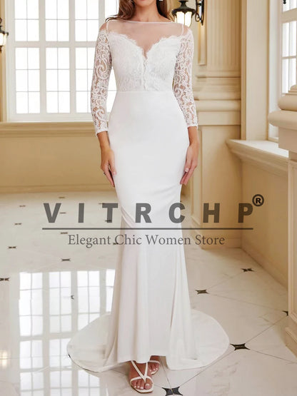 VITRCHP Long Sleeve Mermaid Wedding Dress Beach O-Neck Lace Sweep Train Button Bridal Gowns Customize To Measures Civil Sweep