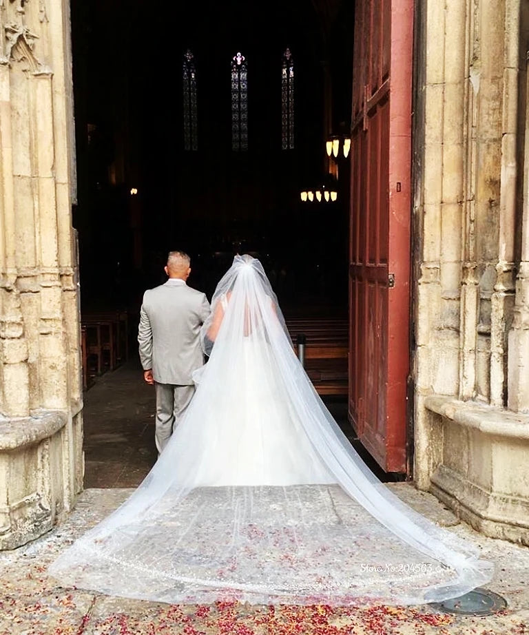 Romantic Two-Layer Church Wedding Veil with Pearls and Crystals Bridal Veils with Comb MM