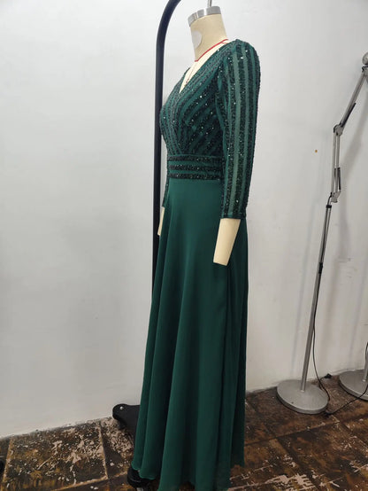 Vestido de dama de honor nuevo de Oriente Medio para mujer, de gasa, con escote en V doble, falda larga, corte A, gran vuelo, con lentejuelas, vestido de noche con empalme