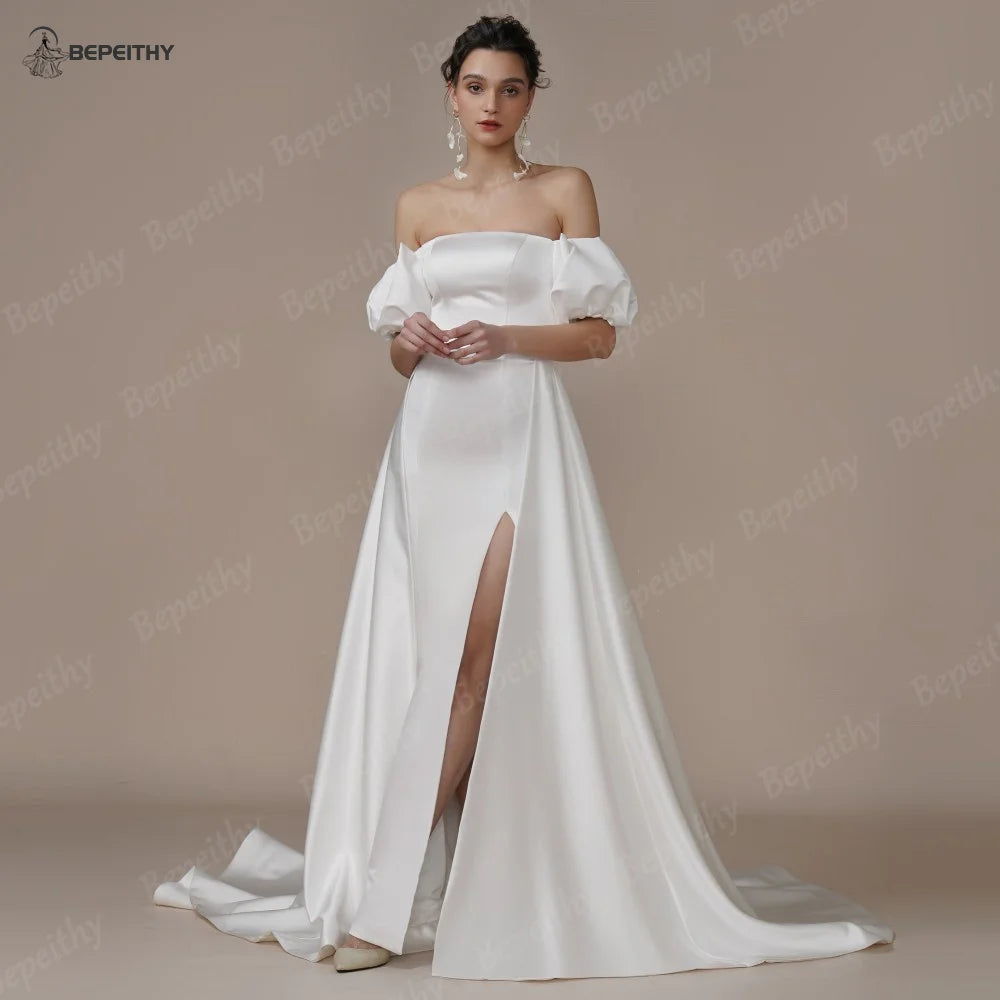 BEPEITHY Ivory Satin Off Shoulder Long Evening Wedding Dresses For Women Short Sleeves High Slit Sexy Bridal Prom Party Gown