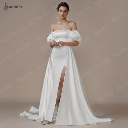 BEPEITHY Ivory Satin Off Shoulder Long Evening Wedding Dresses For Women Short Sleeves High Slit Sexy Bridal Prom Party Gown