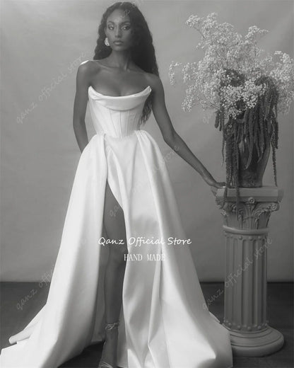 Robe de mariée en satin vintage Qanz, robe de mariée plissée sirène sans bretelles, fente haute, longueur au sol, robe de mariée, robe de mariée 2024