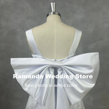 Ramanda Sexy Spaghetti Straps Square Collar Satin Short Wedding Dress Simple Backless Mini Above Knee Bridal Gown Robe De Mariee