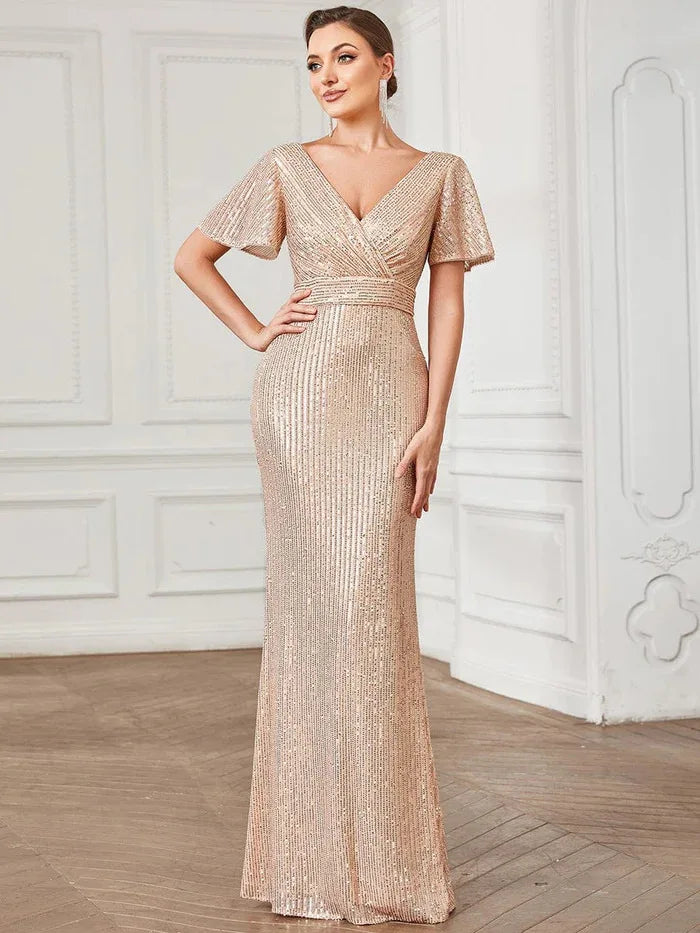 Robe de soirée sexy à paillettes de couleur unie à col en V Robe de soirée élégante Robe de soirée de mariage Robe de demoiselle d'honneur pour femmes Légèrement élastique