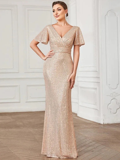 Robe de soirée sexy à paillettes de couleur unie à col en V Robe de soirée élégante Robe de soirée de mariage Robe de demoiselle d'honneur pour femmes Légèrement élastique