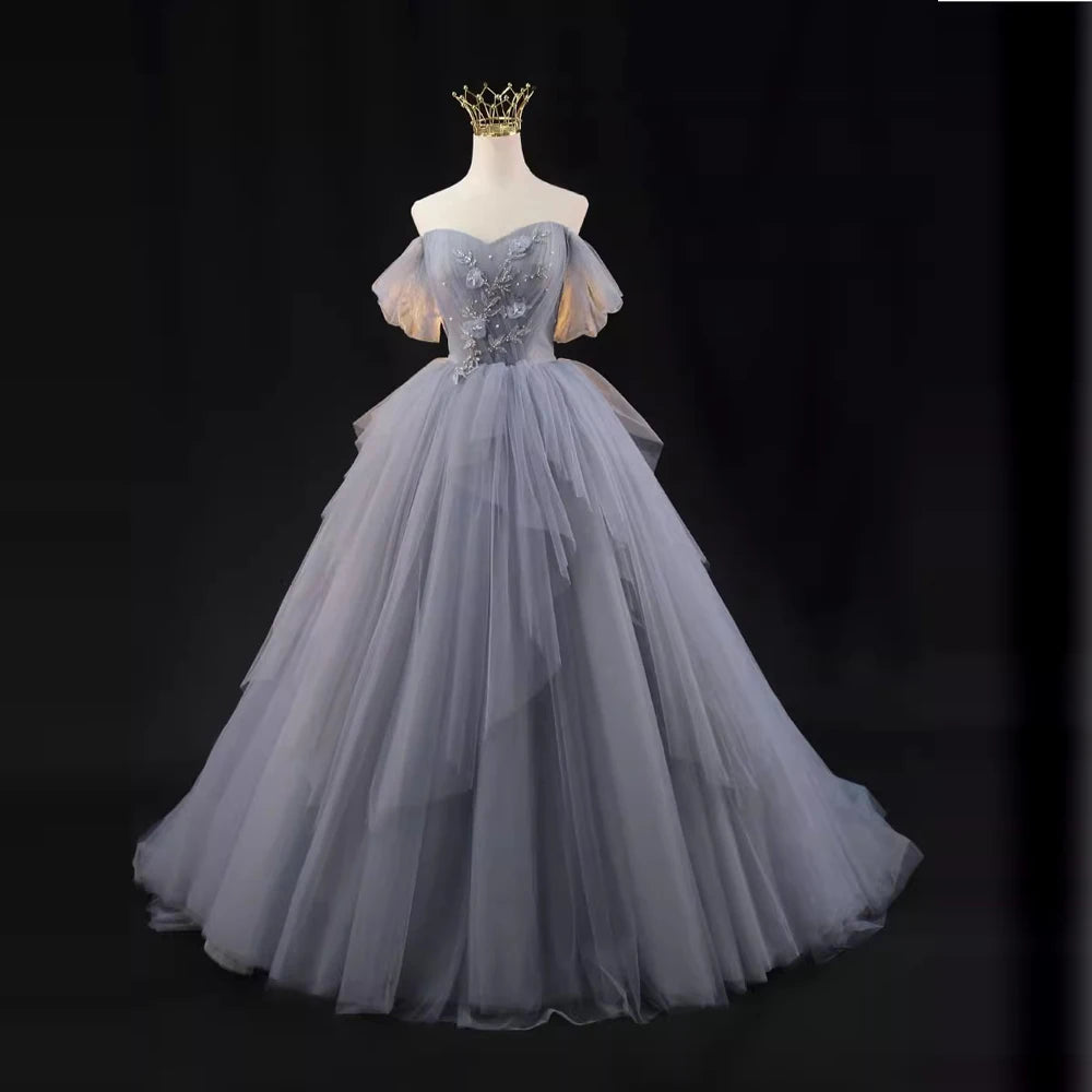 Vestido de novia de manga corta con vestido de princesa y corsé en la espalda para mujer, vestidos de noche para actuación