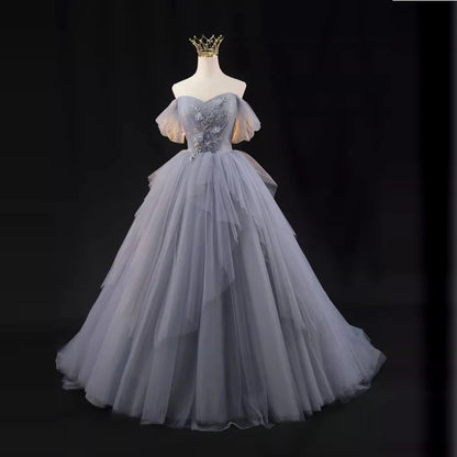 Vestido de novia de manga corta con vestido de princesa y corsé en la espalda para mujer, vestidos de noche para actuación