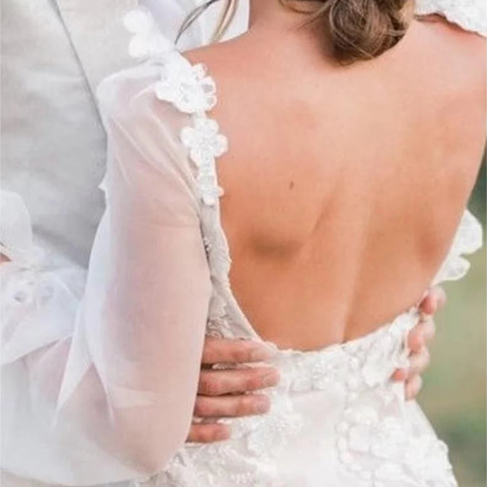 Vestido de novia corto de princesa con mangas largas abullonadas y espalda descubierta con apliques de encaje para playa, cuello cuadrado, 2024