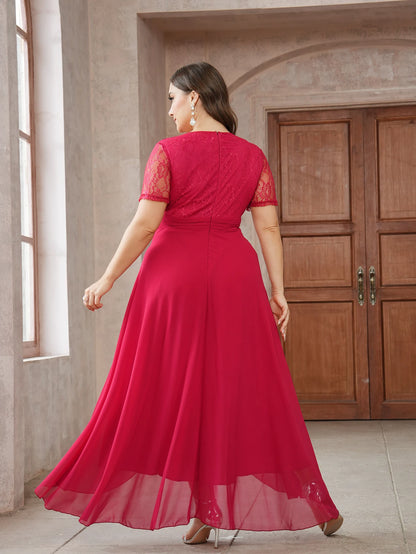 Vestido de novia elegante con escote en V profundo para mujer, de gasa con encaje irregular, manga corta, parte delantera corta y espalda larga, vestido de noche grande