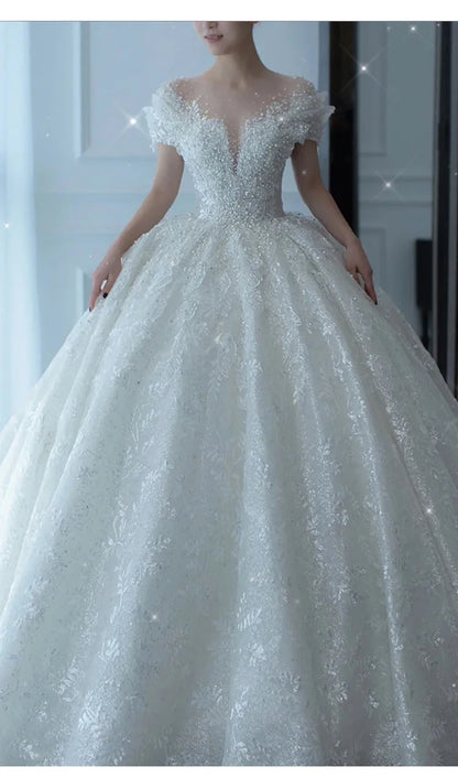 D120 2024 Vestido de novia de lujo sexy de princesa con cuentas de cristal y tul abullonado Vestido de novia blanco Vestido de novia sencillo para mujer