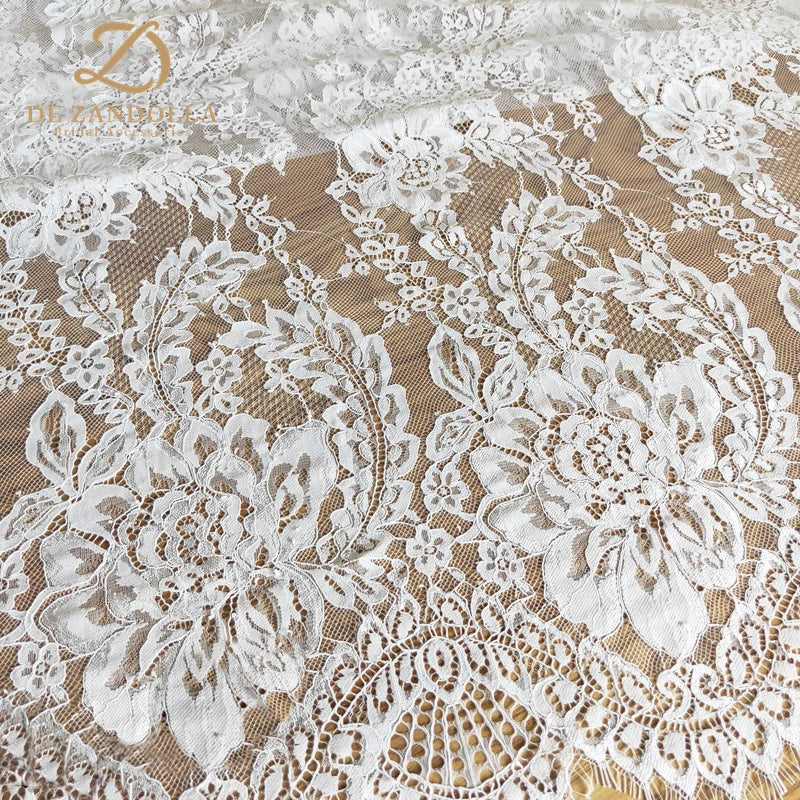 Tissu en dentelle de mariée blanc cassé de 3 mètres, doux pour la peau, lingerie française, dentelle à cils, tissus pour robe de mariée, accessoires, largeur 59"