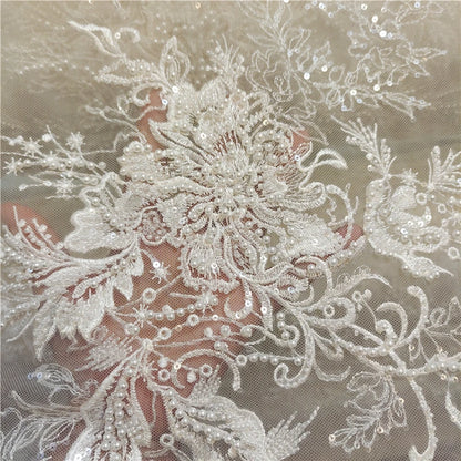 Luxury Pearl Sequin Embroidery Lace Fabric by Meter Flower Embroidered Couture Material For Wedding Dress Veil Costume Cloth