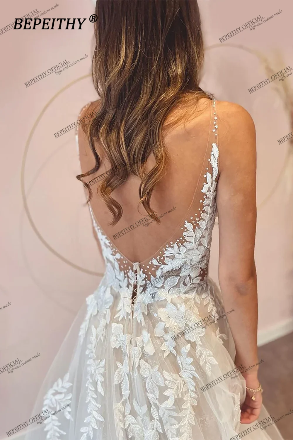 BEPEITHY Vestidos de fiesta de boda románticos de encaje con escote redondo para novia sin mangas en forma de A hasta el suelo sin espalda para mujer Vestido de novia blanco bohemio