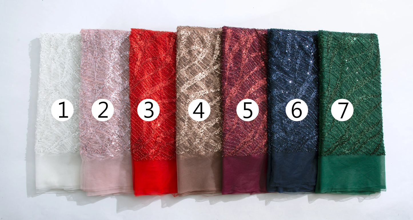 Luxury Heavy Beaded African Lace Fabric Sequins Nigerian French Net Lace Fabric High Quality For Diy Dress Sew Wedding F3814