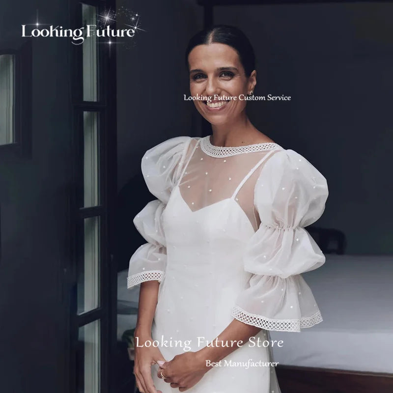 Vestido de novia blanco sencillo, sexy, de dos piezas, con tirantes finos, elegante, con capa de tul con lunares, media burbuja, sin mangas, 2024