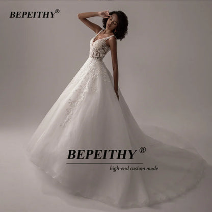 BEPEITHY Vestido De Noiva V Neck Sleeveless Wedding Dresses 2022 For Women A Line Ivory Lace Romantic Bride Boho Bridal Gown