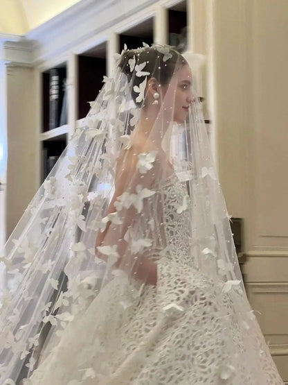 Vestido de novia con velo de mariposa blanco, serie de bosques, velo de lujo súper largo con perla pesada