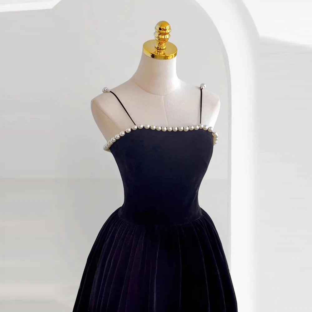 Robe de soirée noire à bretelles pour femmes, robe de soirée en perles, robe de soirée pour dames, robes de cocktail en satin, robe de soirée trapèze pour mariage