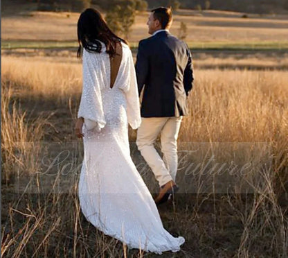 Robe de mariée de luxe à manches longues et transparentes, scintillante, dos nu, perles, paillettes, Morden Robe de mariée 2024