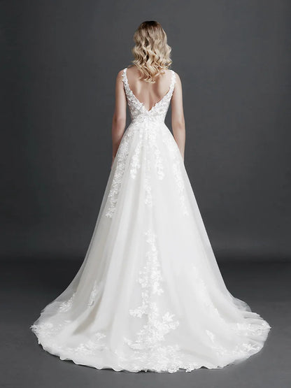 Robe de mariée élégante en dentelle A-Line pour femme, coupe ajustée, col en V, dos nu, robe de mariée, nouvelle collection 2024, robe de soirée avec appliques de fleurs 3D