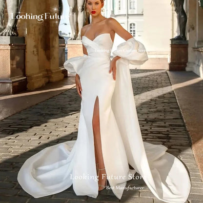 Sexy Mermaid White Wedding Dress Satin Strapless Pleat Backless Lace Up Wedding Gown High Side Slit Sleeveless Sweep Train 2024