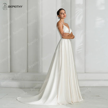 BEPEITHY Simple Satin Ivory V Neck Wedding Dresses For Women Party Sleeveless Sexy Backless A Line Bride White Bridal Gown Vesti