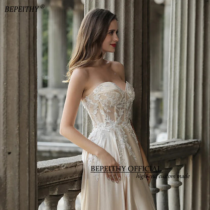 BEPEITHY Champange Long Evening Party Dresses For Women 2023 Sleeveless Sweetheart A Line Vintage Special Occasion Formal Gown