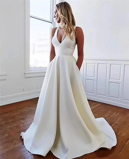 Spaghetti Strap Open Back Wedding Dresses Satin Simple Style Prom Dress V Neck Evening Gown Formal Party Dress with Bow