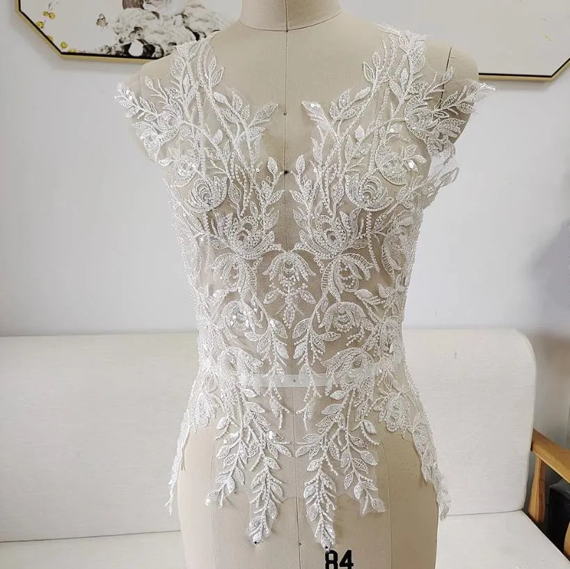 Apliques de encaje con lentejuelas y cuentas de 65*48 cm para vestido de novia, flores en 3D, tocado de novia, cuello de encaje, parche de tela de encaje RS4187