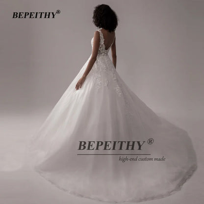 BEPEITHY A-Line Robe De Mariee Sleeveless Wedding Dress For Women 2023 Court Train Low Back Lace Women Bridal Bouquet Gown