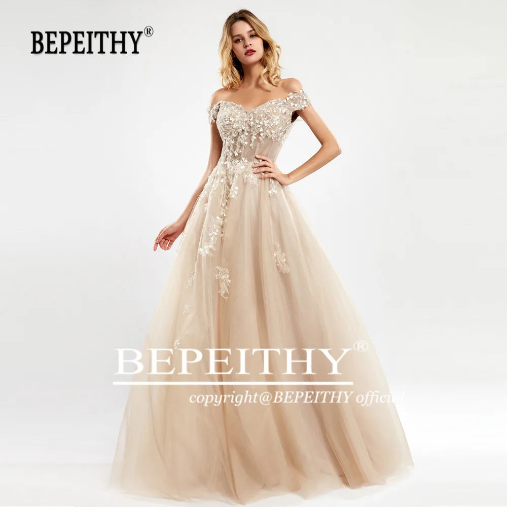 BEPEITHY Off The Shoulder Lace Evening Dresses Long For Women 2023 Champange A-Line Sleeveles Prom Gown Reception Elegant