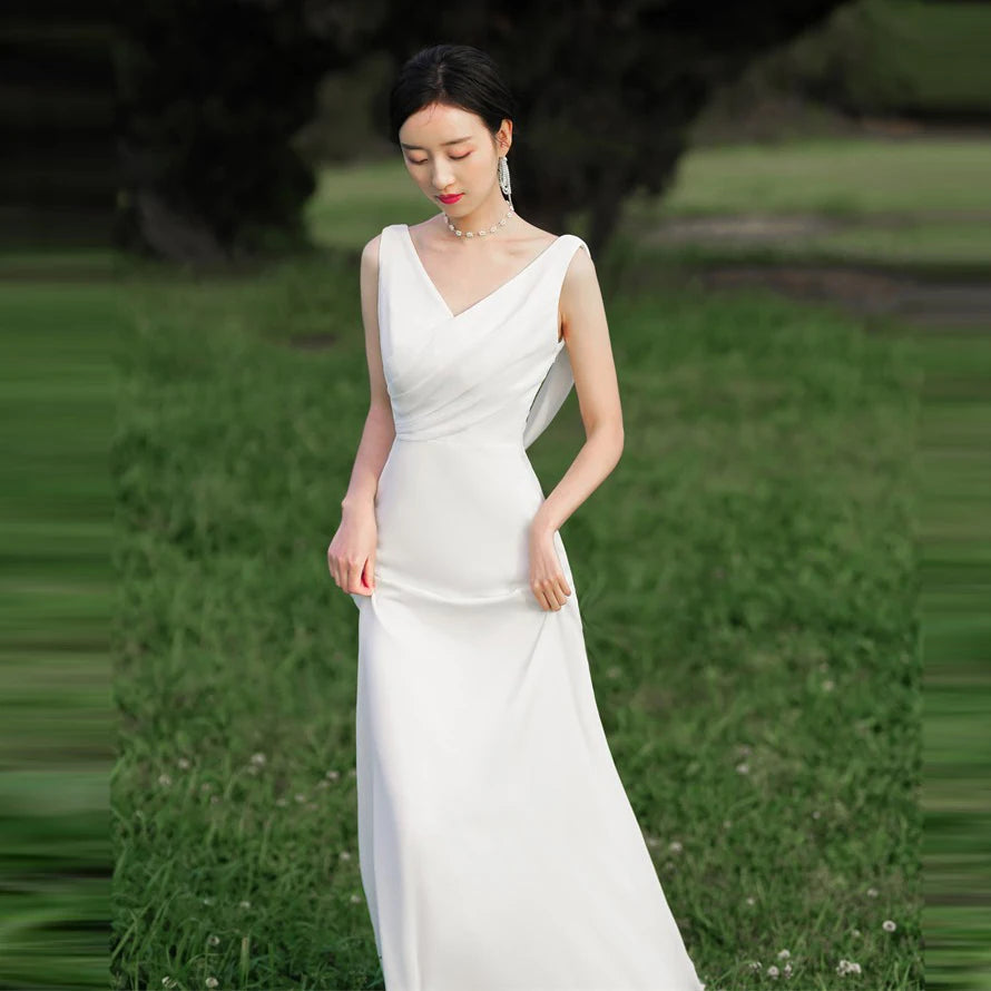 Korean style V-Neck Simple Robe Mariage lace Wedding Dress Robe To Be Party Gowns