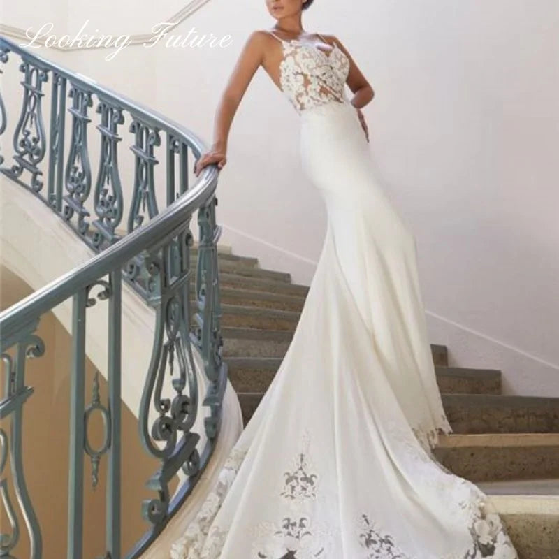 Robe de mariée sirène en satin et dentelle Morden, robe de mariée sans manches en cœur, simple, unie, longue traîne, traîne de balayage, sur mesure, 2024