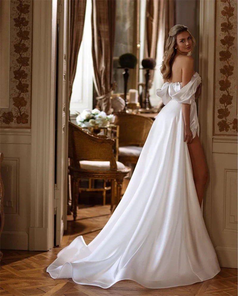 A-line slit Wedding Dress Short-Sleeve Plus Size off the shouder For Women Princess Robe de Mariee wedding gown lace up