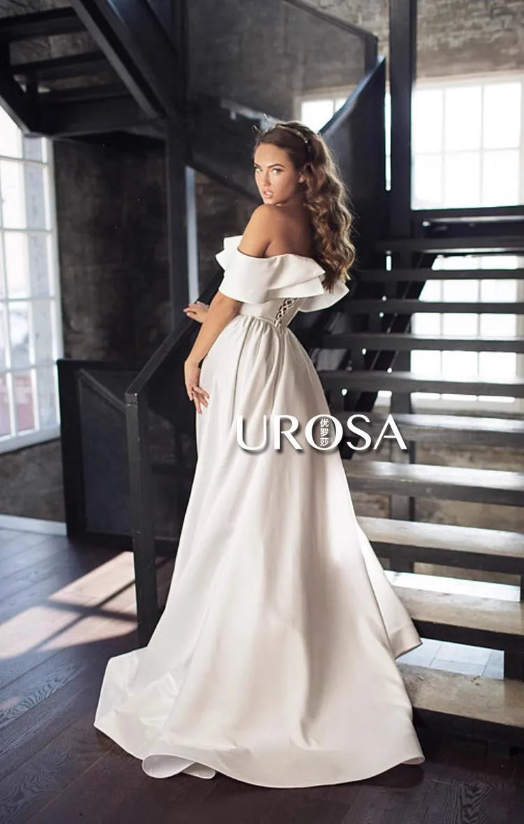 wedding Dress detachable Short-Sleeve Plus Size off the shouder Princess Robe de Mariee wedding gown satin A-line train