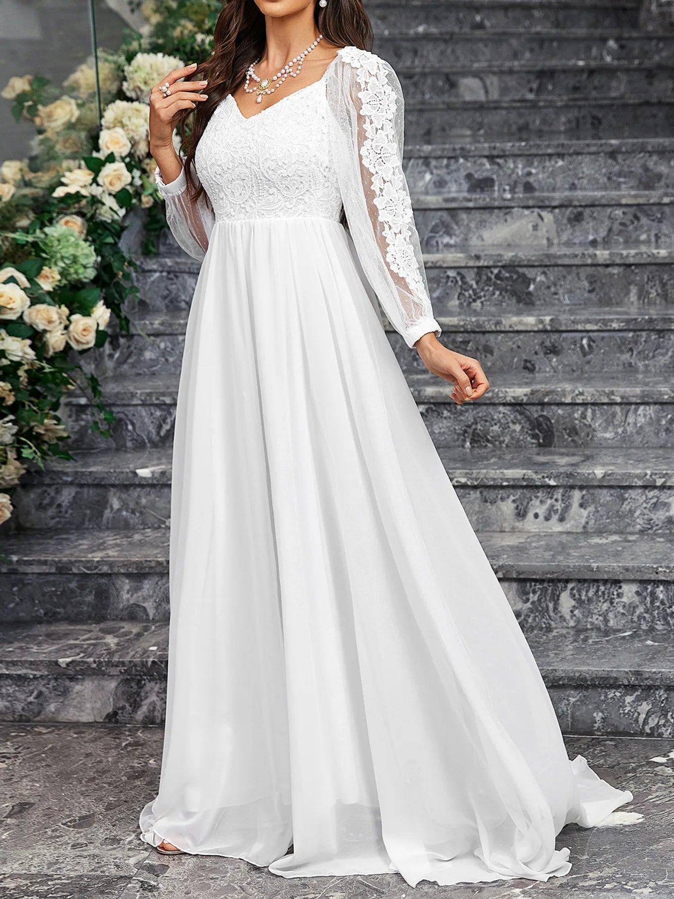 Vestidos de novia para mujer, estilo bohemio, romántico, blanco, con escote en V, manga larga, encaje, tul, pliegues, espalda descubierta, para playa