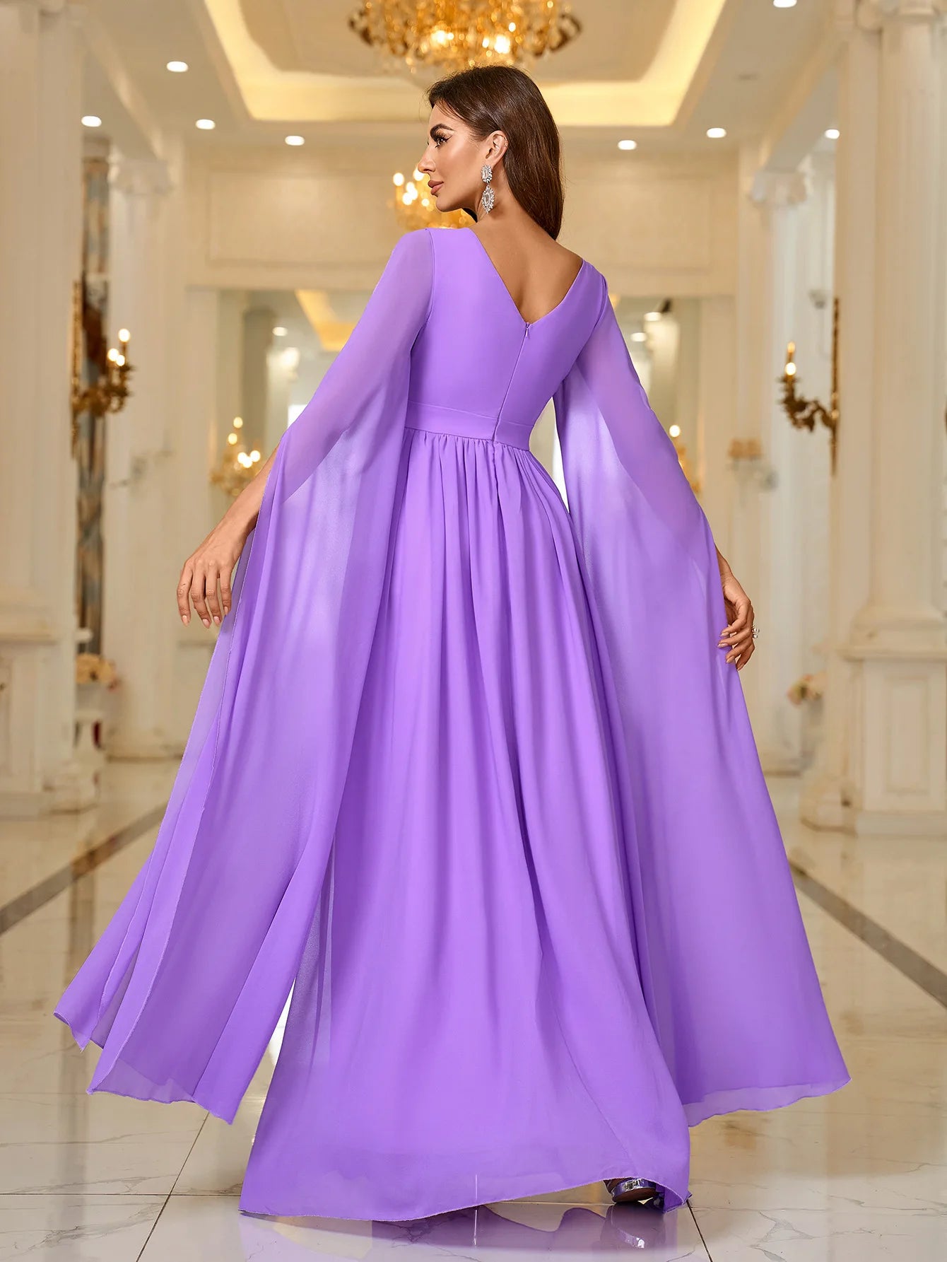 Vestidos de fiesta de boda elegantes de color morado con escote en V y capas drapeadas para baile de graduación 2024, nuevos vestidos formales para mujer, vestidos de cena formal