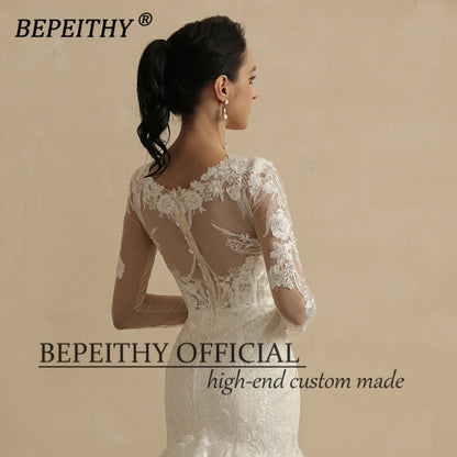 BEPEITHY Vintage V Neck Trumpet Wedding Dresses For Women 2022 Full Sleeves Court Train Lace Ivory White Boho Bride Bridal Gown