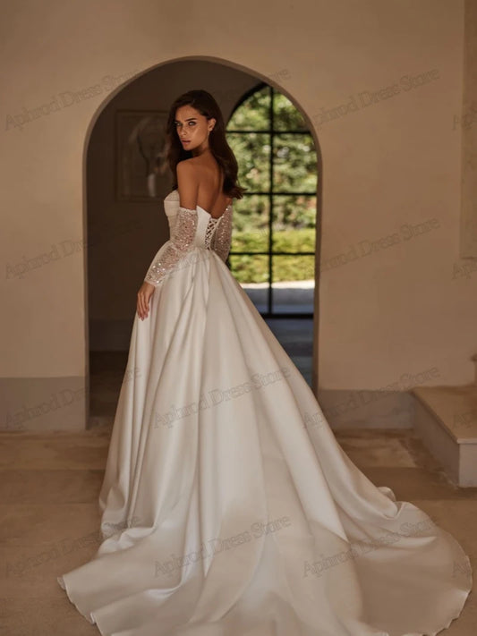 Modern Wedding Dresses A-Line Satin Pleat Bridal Gowns Sequin Appliques Sexy Robes High Slit Sleeveless Vestidos De Novia 2024