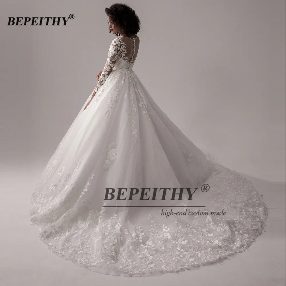 BEPEITHY Vintage Lace Wedding Dresses For Women 2023 Full Sleeves Princess Bridal Gowns Elegant Court Train Scoop Bride Dress