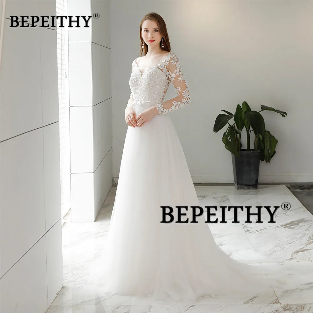 BEPEITHY Robe De Mariée Plage Robes De Mariée Pour Femmes Sexy Dos Nu Moderne Manches Longues Dentelle Robes De Mariée 2023 Vente Chaude