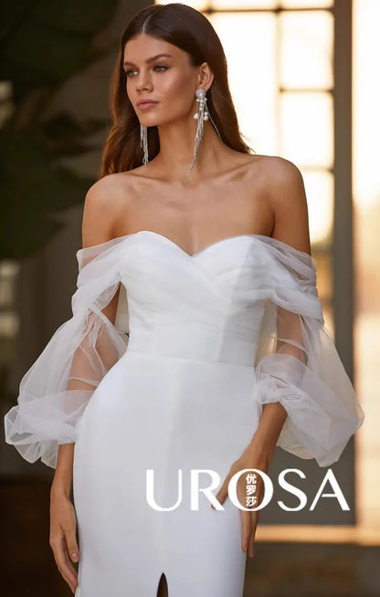 Vestidos de novia con hombros descubiertos, satén, sirena, abertura, mangas largas, vestido de novia elegante, vestido de novia con hombros cortos, talla grande