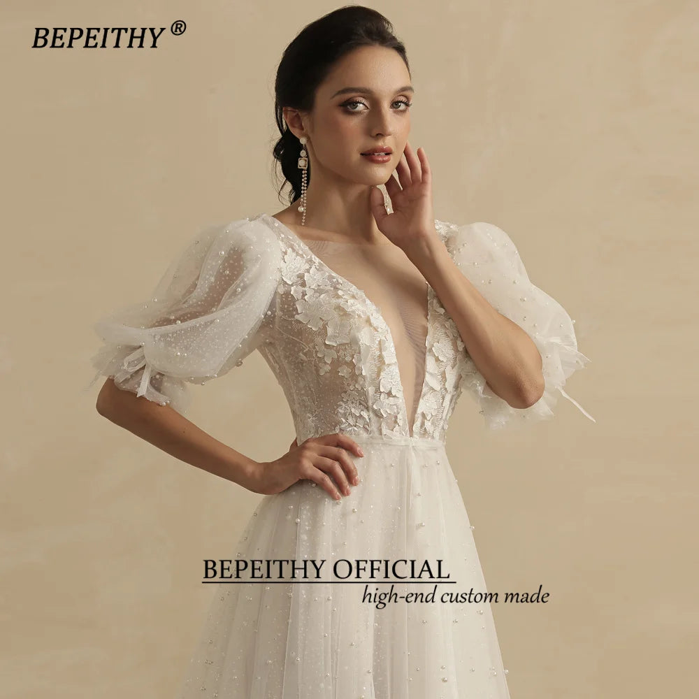 BEPEITHY Real Image Sexy Wedding Dresses For Women 2023 Bride Luxury Pearls Half Sleeves Beach Boho Bridal Party Gown Open Back