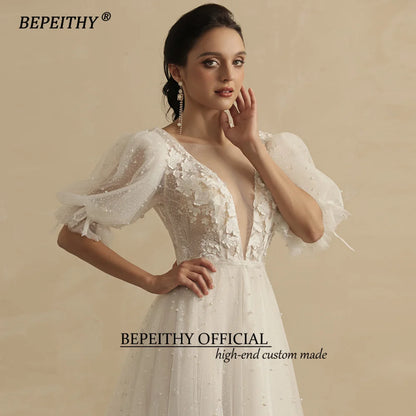 BEPEITHY Real Image Sexy Wedding Dresses For Women 2023 Bride Luxury Pearls Half Sleeves Beach Boho Bridal Party Gown Open Back