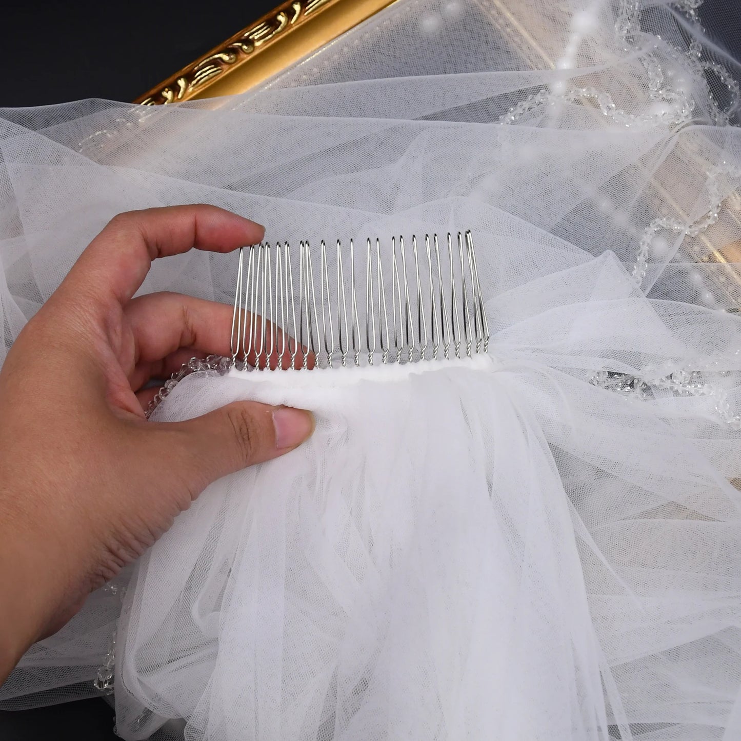 Voile de mariage élégant à 2 niveaux avec bord en cristal, voile de mariée couvrant le devant et le dos des robes de mariée, accessoire en tulle doux v198