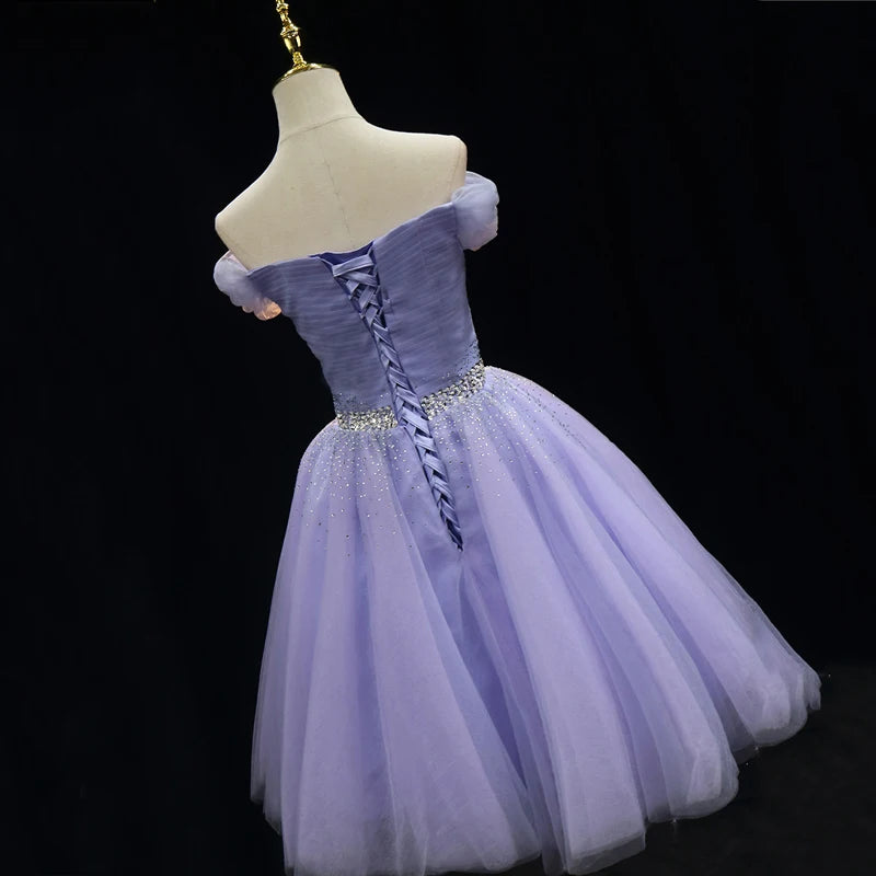 Robe de soirée violette en tulle avec plis et perles, épaules dénudées, lacets, coupe trapèze, longueur genou, lacets, grande taille, robes de soirée pour femmes B2206