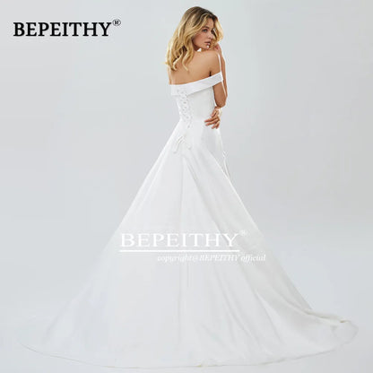 BEPEITHY Beach Modern Wedding Dresses For Bride High Slit Boho Off The Shoulder Indian Ivory Bridal Gowns Plus Size With Train