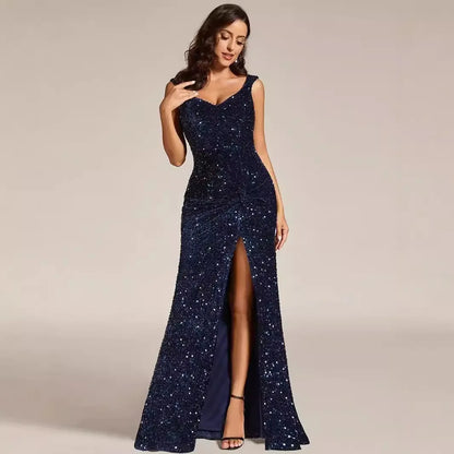 Ladies Summer Elegant Sequined V-neck Sling Slit Celebrity Banquet Evening Dress Ladies Wedding Mother of The Bride WeddingDress