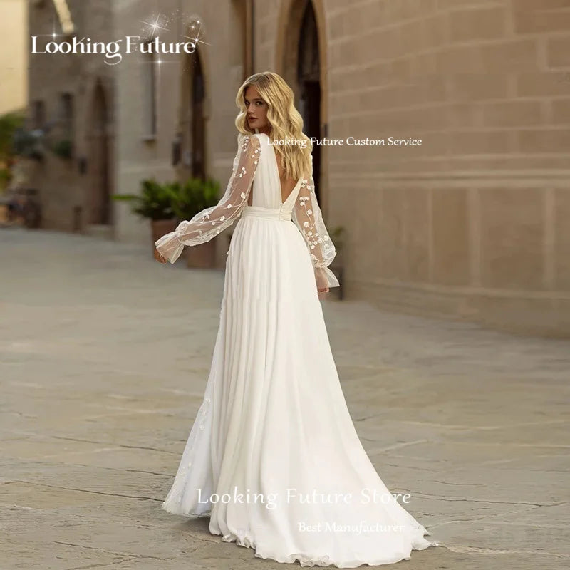 Modern A-Line Wedding Dress Sexy V Neck Illusion Appliques Backless Zipper Wedding Gown Long Sleeve High Side Slit Sweep Train