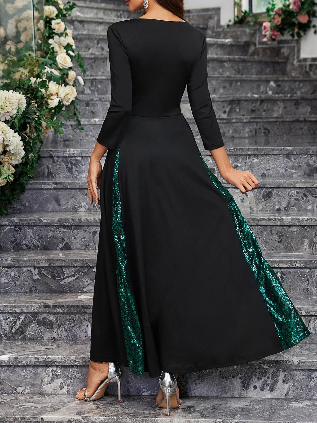 Robe longue de soirée à paillettes vintage pour femmes, col en V, dos ouvert, robe de soirée de mariage, robe de soirée de remise de diplôme extensible, 2024